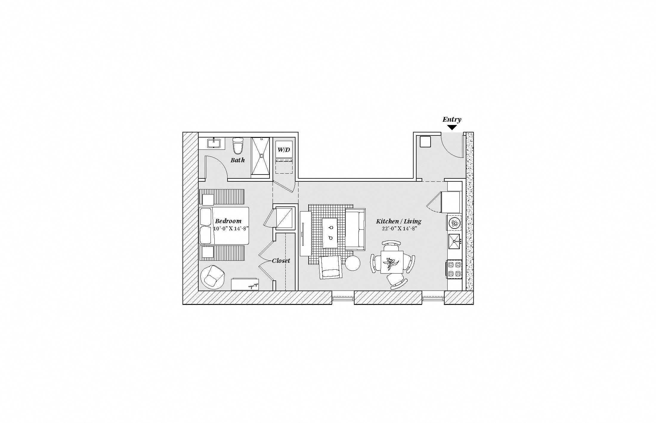 Floor plan for 1 bed, 1 bath, 862 sqft